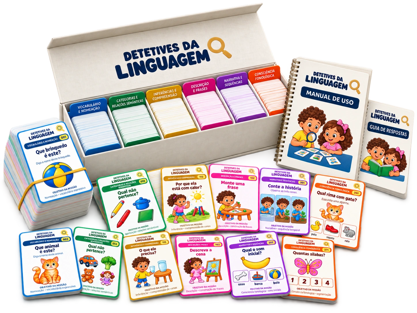 Representação ilustrativa do acervo Detetives da Linguagem com 300 cards distribuídos em seis módulos, manual de uso e guia de respostas