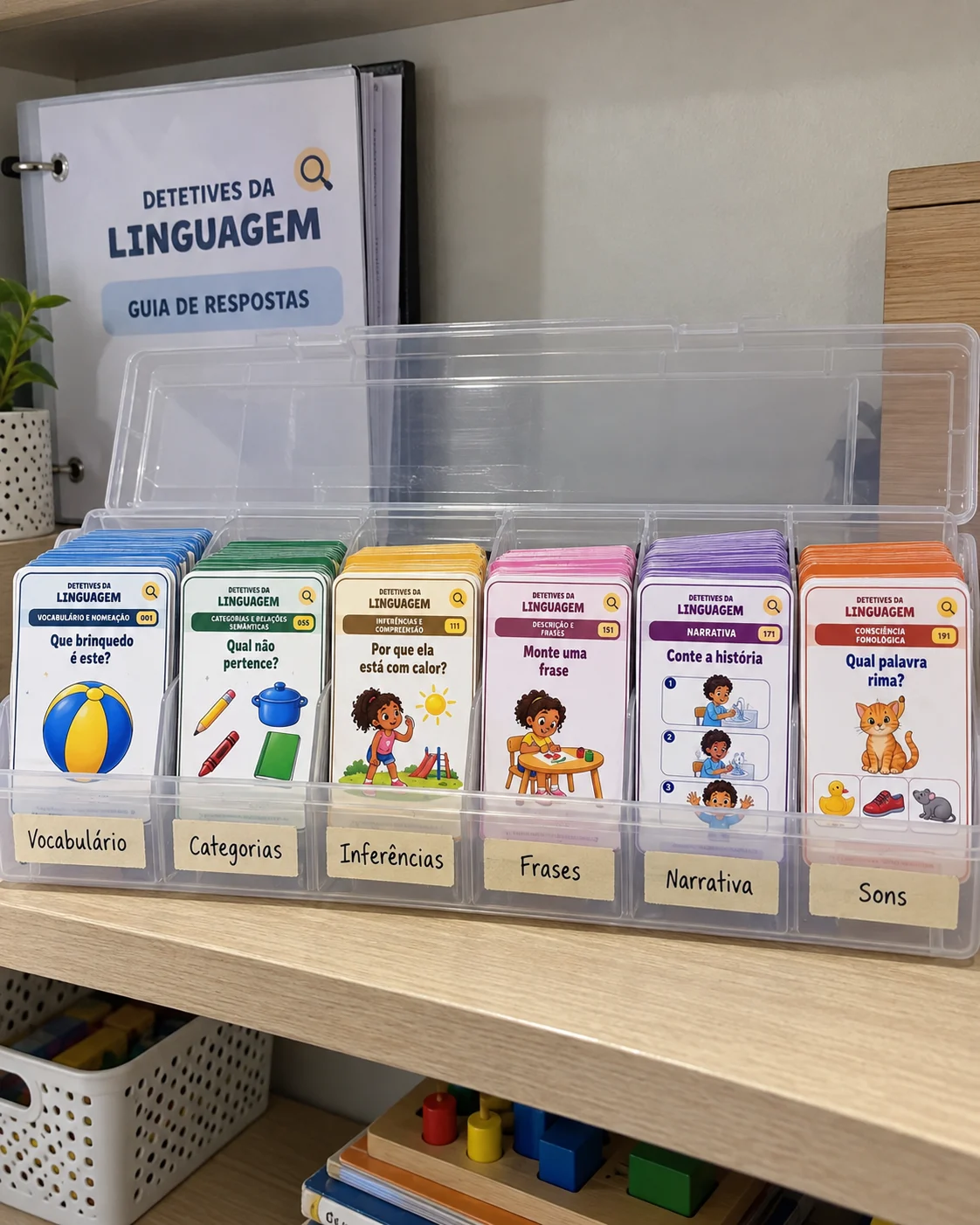 Cards separados por habilidade em uma caixa organizadora